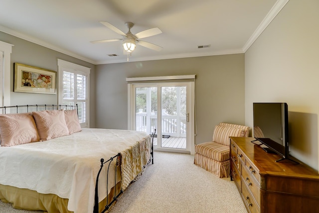 bedroom with light carpet, visible vents, ornamental molding, and access to exterior