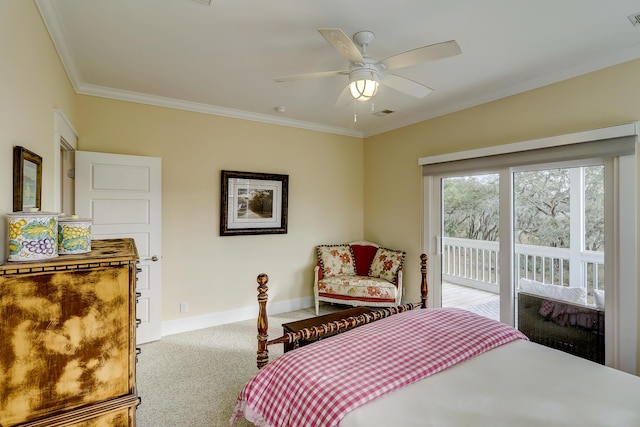 bedroom with visible vents, carpet, crown molding, baseboards, and access to exterior