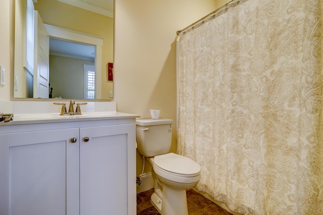 full bathroom with toilet, ornamental molding, and vanity