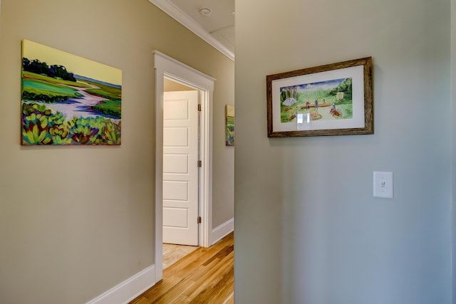 corridor featuring baseboards, light wood-type flooring, and ornamental molding