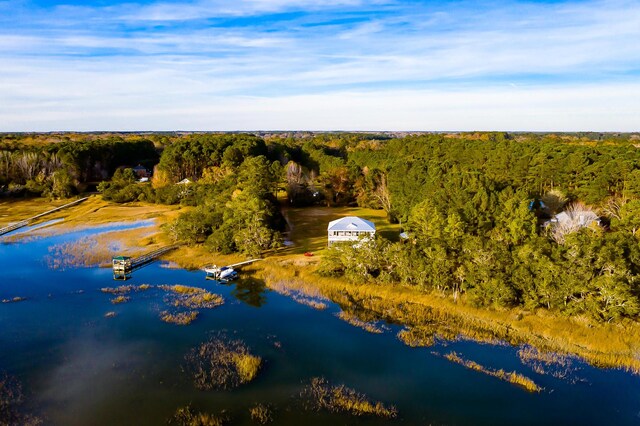 drone / aerial view featuring a wooded view and a water view