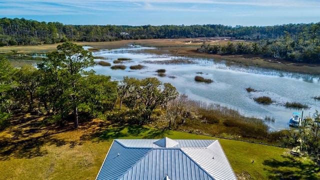 birds eye view of property featuring a forest view and a water view