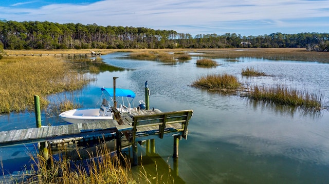 dock area featuring a forest view and a water view