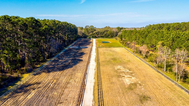 drone / aerial view featuring a forest view and a rural view