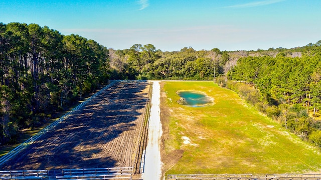 birds eye view of property featuring a view of trees