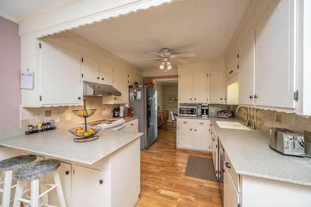 206 Brailsford Rd, Summerville, SC 29485 - kitchen with light wood finished floors, stainless steel appliances, under cabinet range hood, a sink, and a peninsula