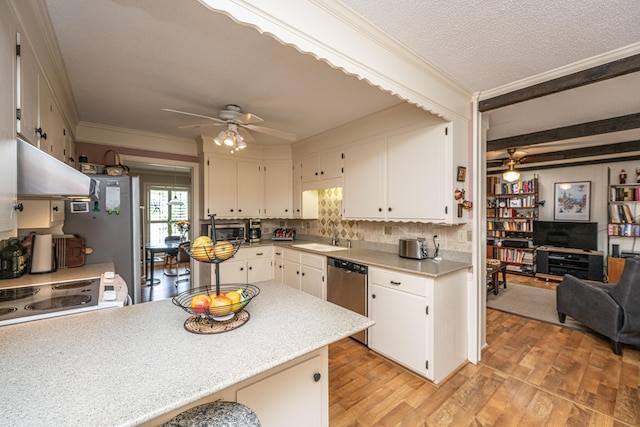 206 Brailsford Rd, Summerville, SC 29485 - kitchen featuring light wood-type flooring, stainless steel appliances, under cabinet range hood, and ornamental molding