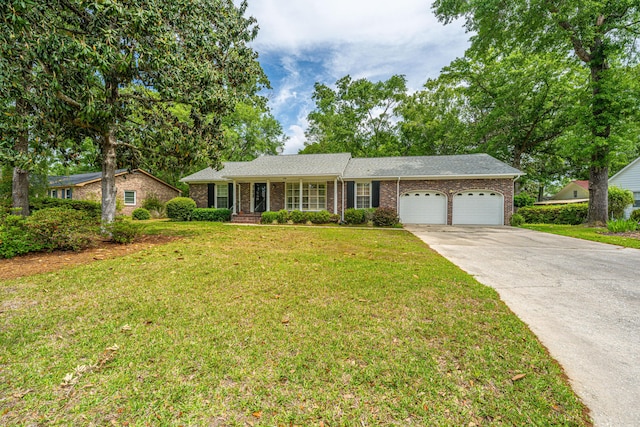 206 Brailsford Rd, Summerville, SC 29485 - ranch-style home with concrete driveway, covered porch, brick siding, a front yard, and a garage