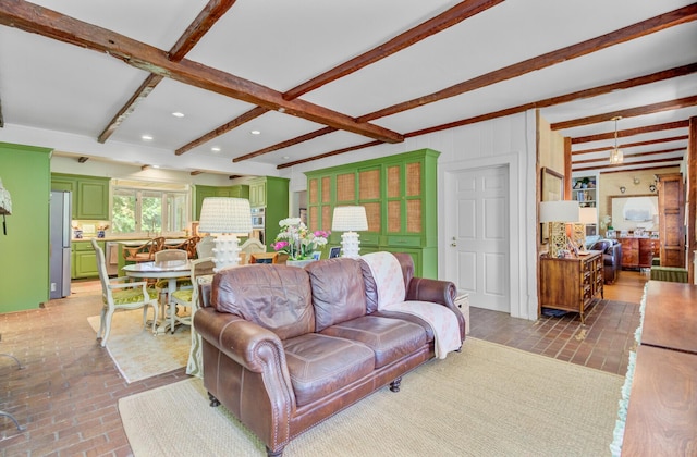 481 Cantey Ln, Camden, SC 29020 - living room featuring brick flooring, beam ceiling, and recessed lighting