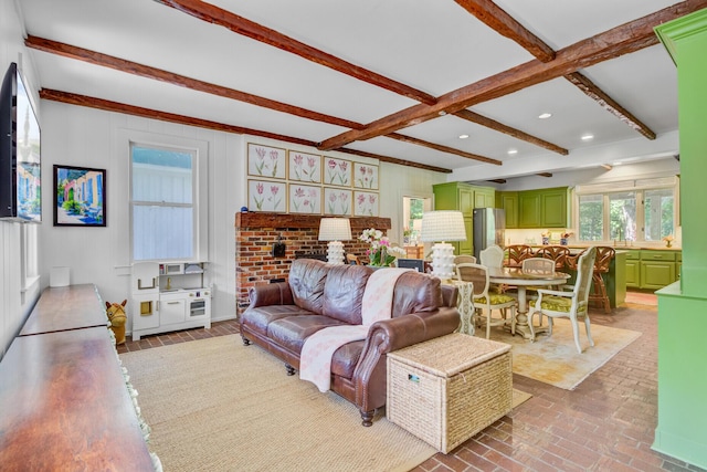 481 Cantey Ln, Camden, SC 29020 - living area with beamed ceiling, brick floors, and recessed lighting