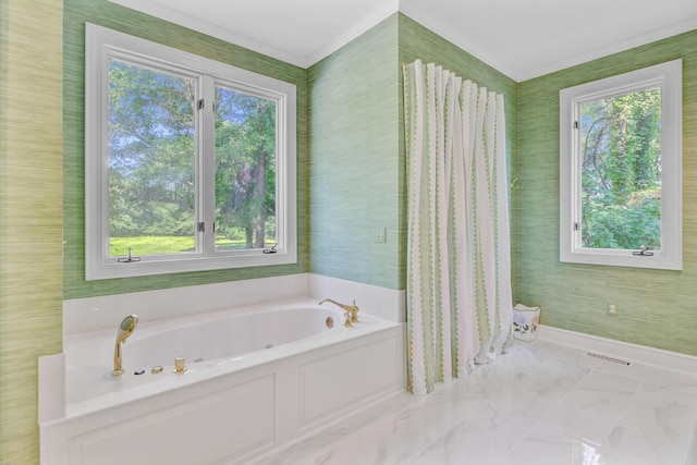 481 Cantey Ln, Camden, SC 29020 - full bath featuring a whirlpool tub, marble look tiles, ornamental molding, and wallpapered walls