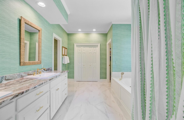 481 Cantey Ln, Camden, SC 29020 - full bath featuring marble finish flooring, ornamental molding, vanity, a bath, and recessed lighting