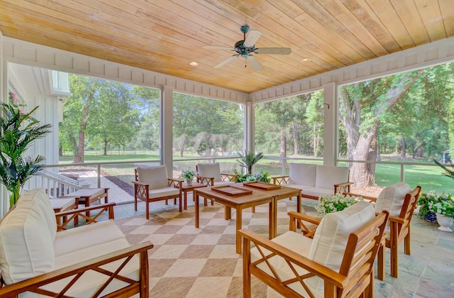 481 Cantey Ln, Camden, SC 29020 - sunroom / solarium with an outdoor living space, wooden ceiling, view of scattered trees, and ceiling fan
