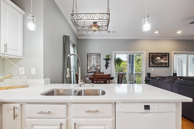 2329 Tall Sail Dr Unit 704D, Charleston, SC 29414 - kitchen with dishwasher, crown molding, open floor plan, light countertops, and white cabinetry