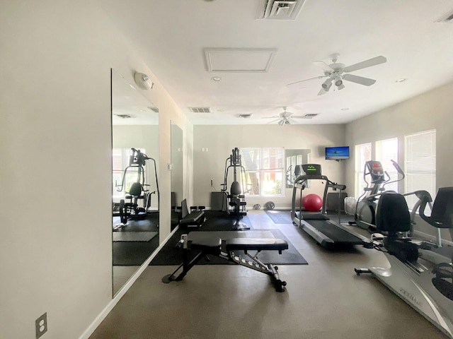 workout area with ceiling fan and a healthy amount of sunlight