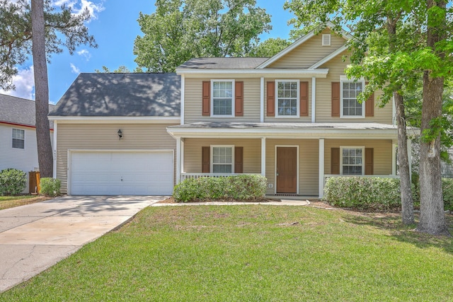 view of front of property with a porch, concrete driveway, an attached garage, and a front lawn