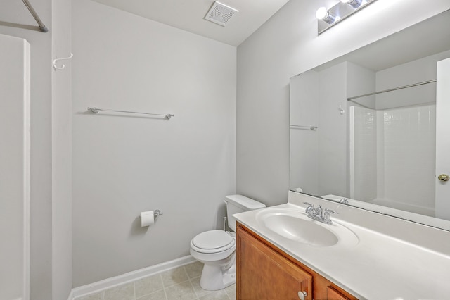 bathroom with toilet, visible vents, baseboards, and vanity