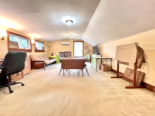1325 Edward Dr, Moncks Corner, SC 29461 - rec room featuring carpet, lofted ceiling, a desk, a wall mounted air conditioner, and healthy amount of natural light