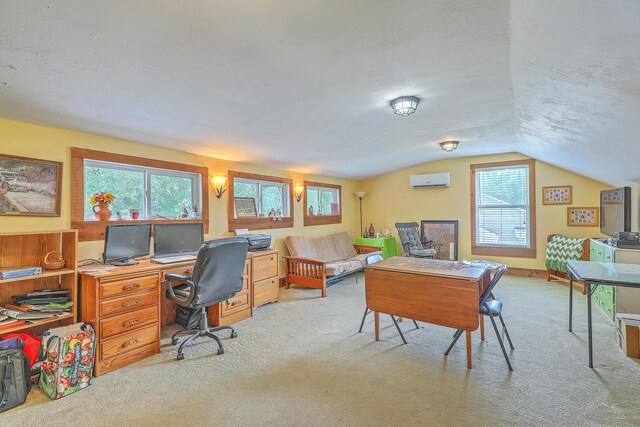 1325 Edward Dr, Moncks Corner, SC 29461 - office with light carpet, vaulted ceiling, an AC wall unit, and a textured ceiling