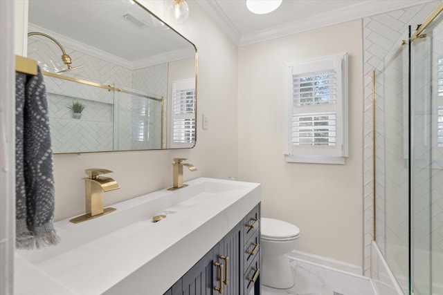 full bathroom with toilet, vanity, combined bath / shower with glass door, and ornamental molding