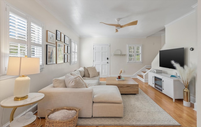 living room with ornamental molding, light hardwood / wood-style flooring, ceiling fan, and a healthy amount of sunlight