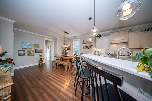 1726 Winfield Way, Charleston, SC 29414 - kitchen featuring custom range hood, light countertops, ornamental molding, dark wood-type flooring, and backsplash
