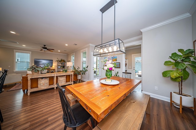 1726 Winfield Way, Charleston, SC 29414 - dining room with ornamental molding, dark wood-style flooring, recessed lighting, ceiling fan, and plenty of natural light