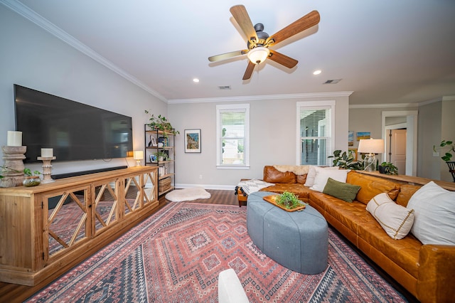 1726 Winfield Way, Charleston, SC 29414 - living room featuring wood finished floors, ceiling fan, ornamental molding, and recessed lighting
