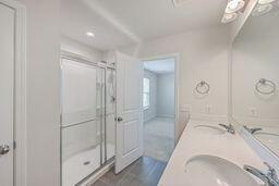 bathroom with a shower with shower door and vanity