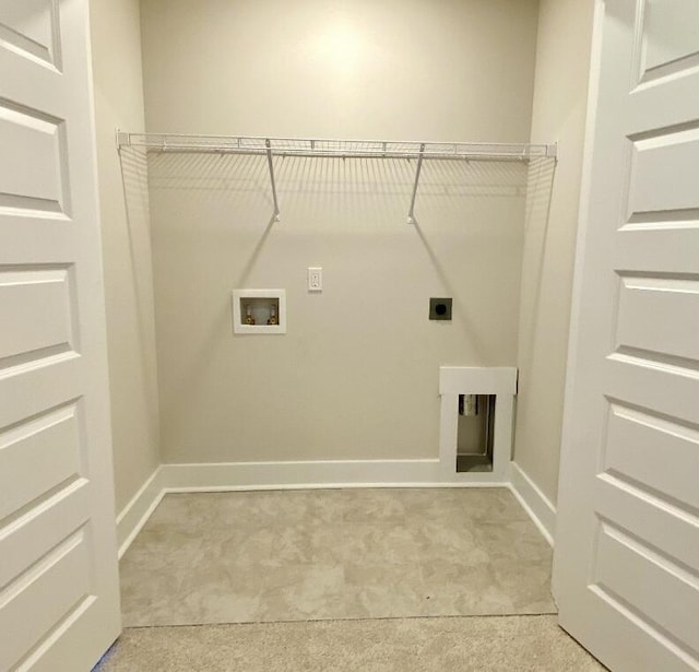 washroom featuring hookup for a washing machine, baseboards, hookup for an electric dryer, and light colored carpet