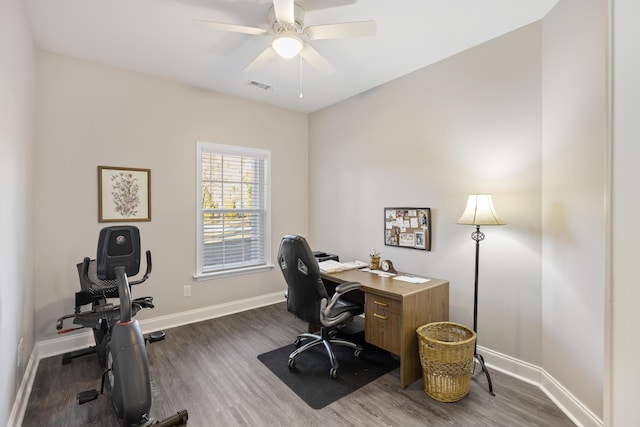 office area featuring ceiling fan and dark wood-type flooring