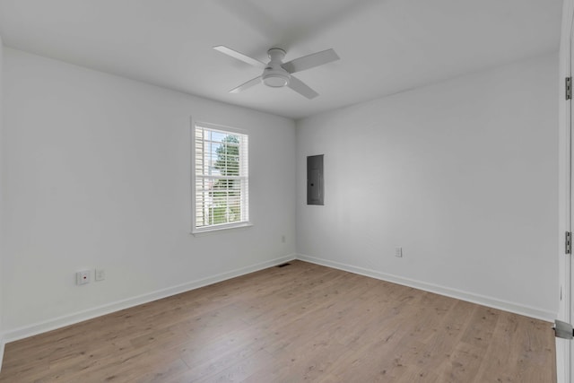 empty room with ceiling fan, electric panel, and light hardwood / wood-style flooring