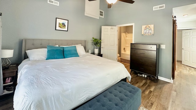 2636 Elissa Dr, Charleston, SC 29414 - bedroom with wood finished floors, baseboards, a high ceiling, ensuite bath, and ceiling fan