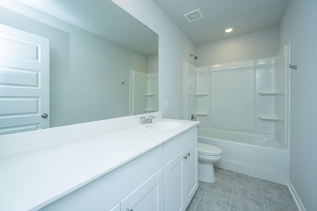 full bathroom featuring vanity, shower / bath combination, toilet, and tile patterned flooring