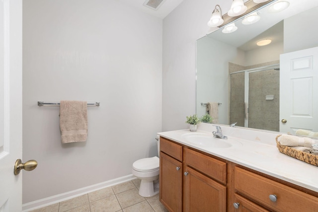 bathroom with visible vents, toilet, tile patterned floors, vanity, and a shower stall