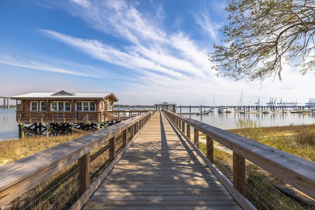 dock area with a water view