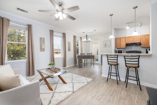 living room featuring ornamental molding, light wood-type flooring, a healthy amount of sunlight, and visible vents