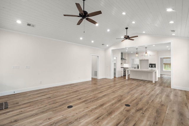 unfurnished living room with light wood-type flooring, wooden ceiling, visible vents, and crown molding