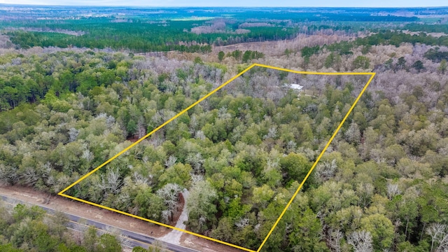 drone / aerial view with a wooded view