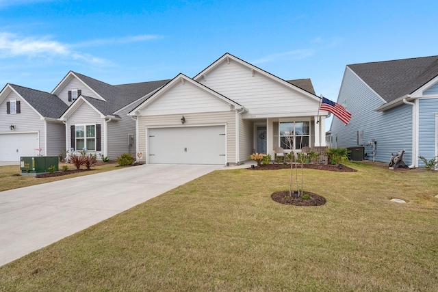 view of front facade featuring central AC, concrete driveway, a front lawn, and an attached garage