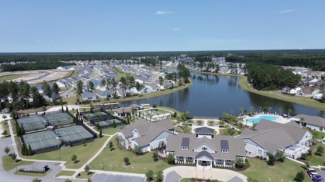 aerial view featuring a water view and a residential view