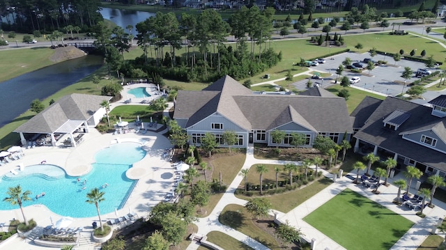 aerial view featuring a water view