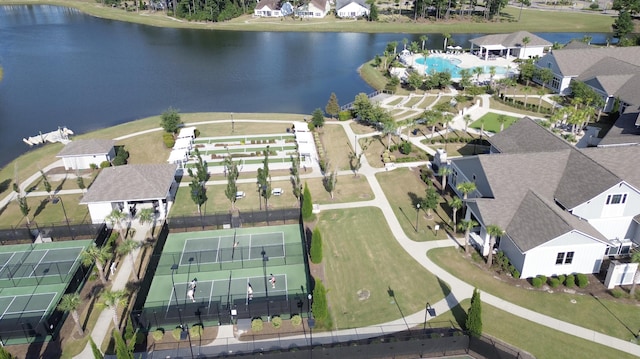 aerial view featuring a residential view and a water view