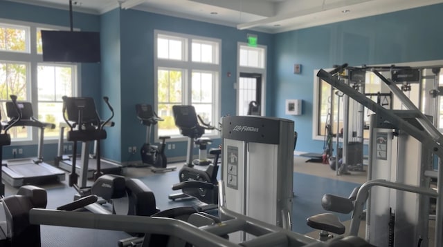 exercise room featuring a high ceiling and baseboards