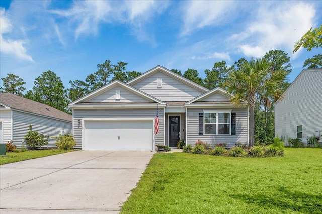 single story home with an attached garage, a front lawn, and concrete driveway