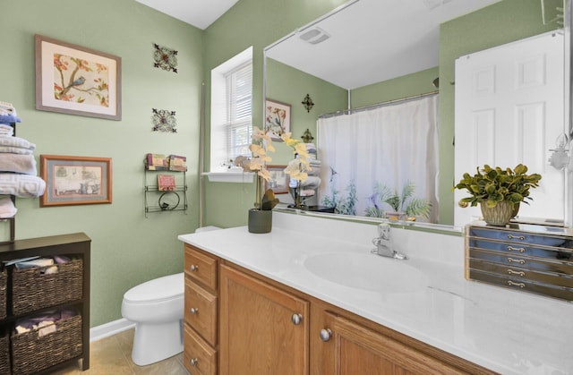 full bathroom featuring tile patterned floors, visible vents, toilet, curtained shower, and vanity