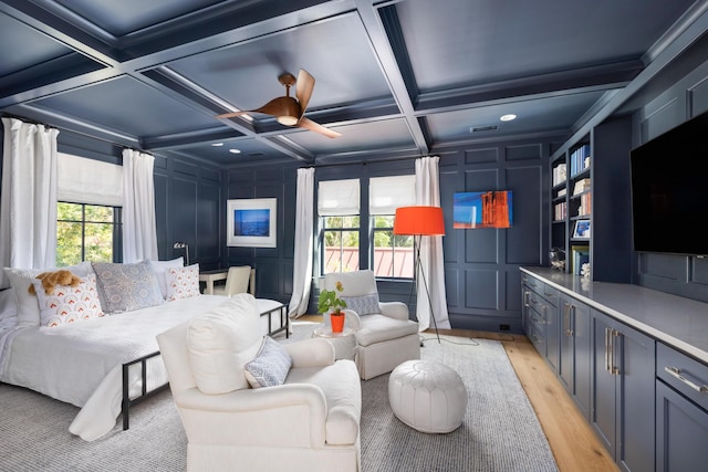 202 Bank St, Mount Pleasant, SC 29464 - living area featuring a decorative wall, ceiling fan, light wood-style flooring, beam ceiling, and coffered ceiling