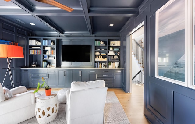 202 Bank St, Mount Pleasant, SC 29464 - living room with light wood-type flooring, recessed lighting, stairs, coffered ceiling, and beamed ceiling