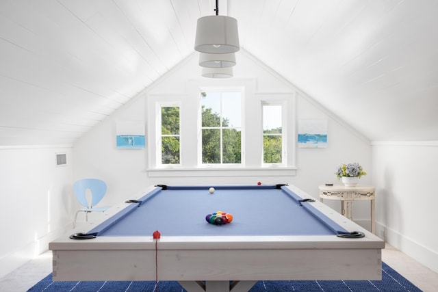 202 Bank St, Mount Pleasant, SC 29464 - playroom featuring billiards, vaulted ceiling, and baseboards