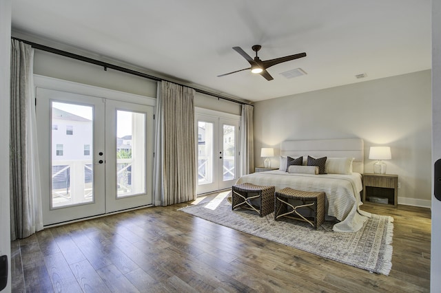 bedroom with wood-type flooring, access to exterior, ceiling fan, and french doors